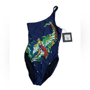 Norma Kamali Mio One Shoulder Blue Swimsuit with Parrot Print
